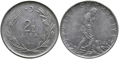 ТУРЦИЯ 2 1/2 ЛИРЫ 1971 KM 893.2 нержавеющая сталь 29-623