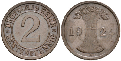 Германия 2 рентенпфеннига 1924 A KM 31, J.307, Weege 3 медь 4584-615