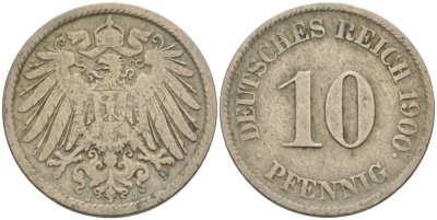 Германия 10 пфеннигов 1900 J KM 12, J. 13 медно-никель 4401-1134