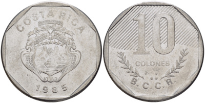 Коста-Рика 10 колонов 1985 B.C.C.R. KM 215.2 нержавеющая сталь 82-115
