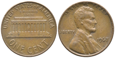 США 1 ЦЕНТ 1967 ЛИНКОЛЬН KM 201 медь цинк 100-1059