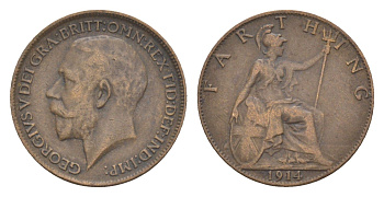 Великобритания 1 фартинг 1914 Георг V (1910-1936) KM 808.1, Spink 4059 бронза 4630-1154