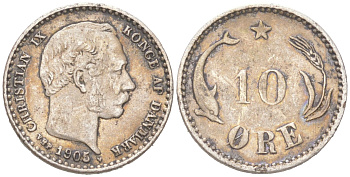 Дания 10 эре 1905 Кристиан IX (1863-1906) KM 795 серебро 4621-1017