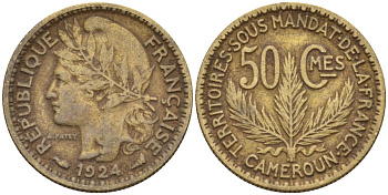 Французский Камерун 50 сантимов 1924 (а), монетный двор Париж KM 1 алюминиевая бронза 4164-1158
