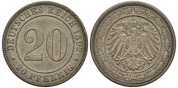 Германия 20 пфеннигов 1892 A J. 14, KM 13 медно-никель 413-6414