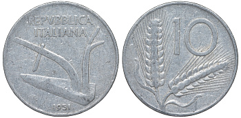 Италия 10 лир 1951 R, колосья KM 93 алюминий 4543-424