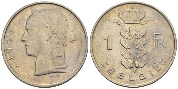 БЕЛЬГИЯ 1 ФРАНК 1967 BELGIE, БОДУЭН I (1951-1993) KM 143.1 медно-никель 202-1031