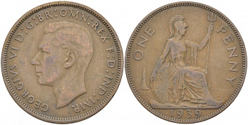 Великобритания 1 пенни 1939 Георг VI (1936-1952) KM 845, Spink 4114 бронза 215-332