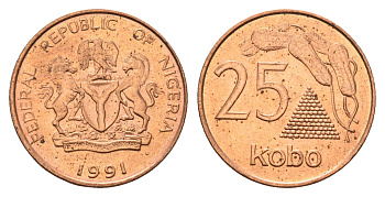 Нигерия 25 кобо 1991 год-тип KM 11a сталь плакированная медью UNC 26-342