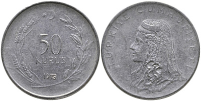 Турция 50 курушей 1973 Анатолийская невеста KM 899 нержавеющая сталь 4541-852