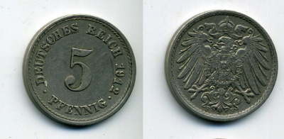 ГЕРМАНИЯ 5 ПФЕННИГОВ 1912 F, KM 11, J. 12 медно-никель 29-835