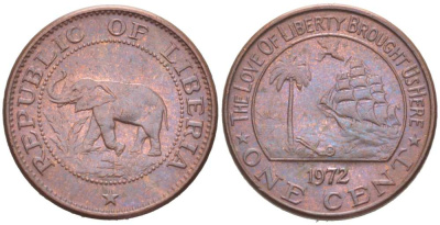 Либерия 1 цент 1942 слон KM 13 бронза 218-1116