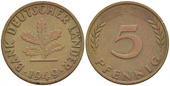 ФРГ 5 ПФЕННИГОВ 1949 D KM 102, J. 377 сталь плакированная латунью 4532-611