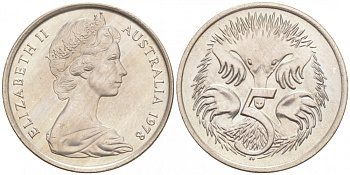 АВСТРАЛИЯ 5 ЦЕНТОВ 1978 ЕЛИЗАВЕТА II, МОЛОДОЙ ПОРТРЕТ, ЕХИДНА KM 64 медно-никель UNC 44-928