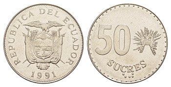 Эквадор 50 сукре 1991 широкая дата KM 93.2 сталь плакированная никелем 4641-733