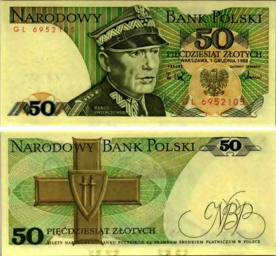 Польша 50 злотых 1988 Кароль Сверчевский, знак Грюнвальдского ордена Pick 142 c бумага аUNC 8607-69-3-2