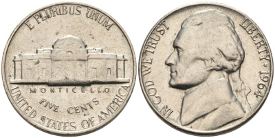 США 5 центов 1964 Джефферсон KM А192 медно-никель 92-1053