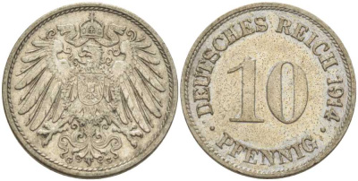 ГЕРМАНИЯ 10 ПФЕННИГОВ 1914 G KM 12, J. 13, Weege 8 медно-никель 212-247