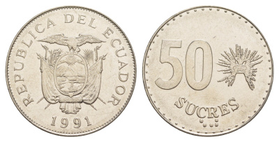 Эквадор 50 сукре 1991 широкая дата KM 93.2 сталь плакированная никелем 4641-733