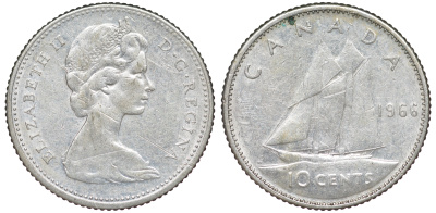 Канада 10 центов 1966 Елизавета II (1952-2022), парусник KM 61 серебро 4178-246