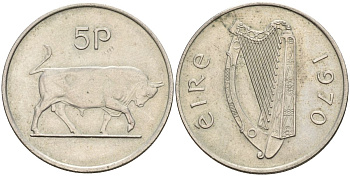 Ирландия 5 пенсов 1970 бык KM 22 медно-никель 4150-941