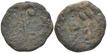 Римская Империя, Провинция Иудея прута 30/31 год император Тиберий, прокуратор Понтий Пилат, греческая легенда 'ТИБЕРИЯ КЕСАРЯ', культовый посох Авгура (lituus) / дата в венке, Иерусалим RPC 4968 медь 1073-21-54