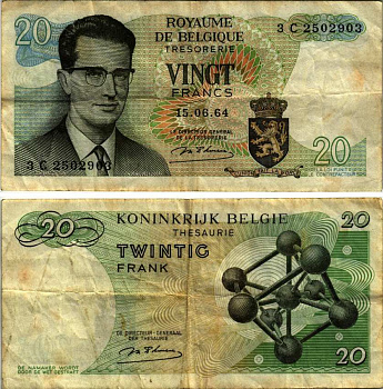 Бельгия 20 франков 1964 Бодуэн I, атомиум, d Haeze Pick 138 (1) бумага 8607-82-3-2