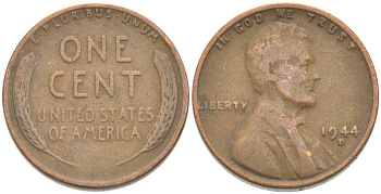 США 1 ЦЕНТ 1944 D, ЛИНКОЛЬН KM А132 медь цинк 218-927