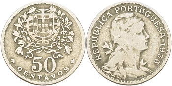 Португалия 50 сентаво 1935 голова Свободы вправо KM 577 медно-никель 4513-1212
