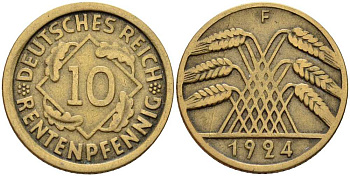 Германия 10 рентенпфеннигов 1924 F KM 33, J. 309 алюминиевая бронза 4401-357