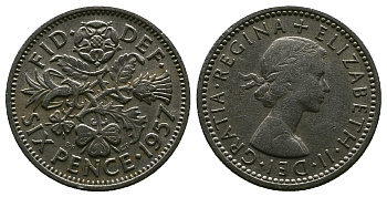 Великобритания 6 пенсов 1957 Елизавета II (1952-2022) KM 903, Spink 4149 медно-никель 4381-664