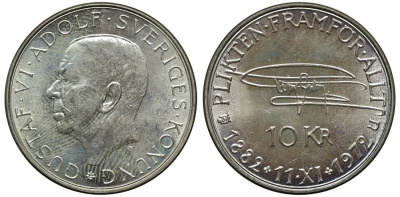 Швеция 10 крон 1972 U, 90 лет со дня рождения Густава VI Адольфа KM 847 серебро UNC 4111-1231