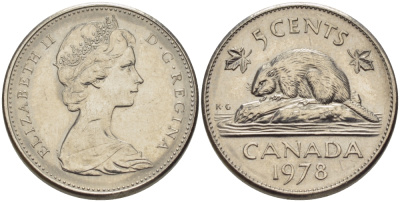 КАНАДА 5 ЦЕНТОВ 1978 БОБЕР, ЕЛИЗАВЕТА II KM 60.1 никель 177-824