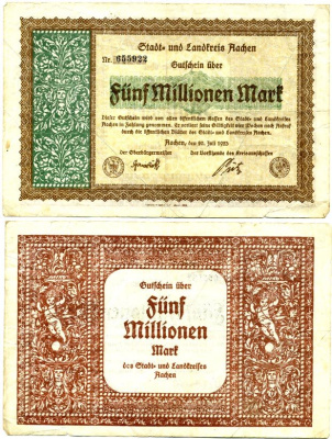 Германия, Аахен 5000000 марок 1923 20 июля 1923, нотгельд   бумага   435-54-2-1