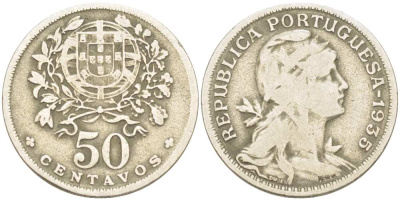 Португалия 50 сентаво 1935 голова Свободы вправо KM 577 медно-никель 4513-1212