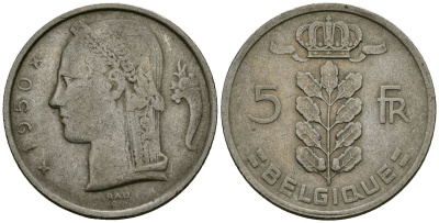 Бельгия 5 франков 1950 Belgique KM 134 медно-никель 4172-546