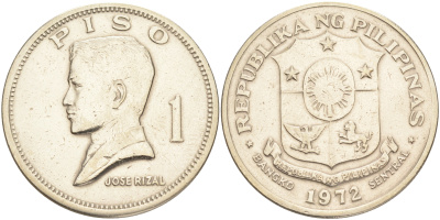 Филиппины 1 писо 1972 Хосе Рицаль KM 203 медь никель цинк 189-535