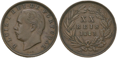 Португалия 20 реалов (рейсов) 1883 Луиш I (1861-1889) KM 527 бронза 4587-823