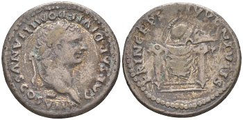 Римская Империя денарий 80 - 81 Домициан в ранге цезаря, голова цезаря, CAESAR DIVI F DOMITIANVS COS VII / шлем на троне, PRINCEPS IVVENTVTIS, Рим (из немецкой коллекции 1-й половины XX века, с владельческим конвертом) RIC 271 серебро 1073-15-74