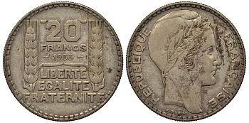 Франция 20 франков 1933 Пьер Тюрен KM 879, Le Franc 400.3 серебро 413-3441
