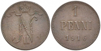 РОССИЯ ДЛЯ ФИНЛЯНДИИ 1 ПЕННИ 1916 НИКОЛАЙ II (1895-1917) KM 13, Биткин 476 медь 211-1025