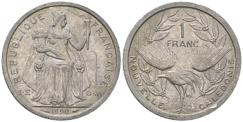 Французская Новая Каледония 1 франк 1990 птица кагу, (IEOM) KM 10, Schoen 10, Lec 50 алюминий 53-811