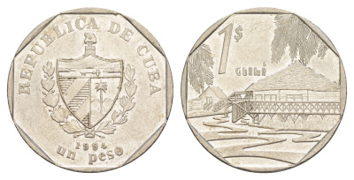 Куба 1 песо 1994 хижины Гуама KM 579 сталь плакированная никелем 4648-1143