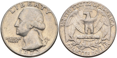 США 25 центов (квотер) 1973 Вашингтон KM 164a медь плакированная медно-никелем 4584-1032