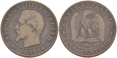 Франция 5 сантимов 1855 BB, Наполеон III (1852-1870) KM 777.3, LE FRANC 116.21 бронза 4448-1235