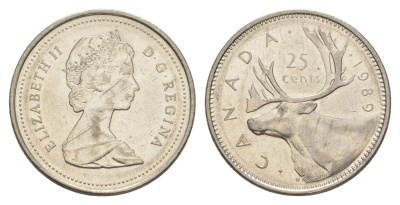 Канада 25 центов 1989 Елизавета II (1952-2022), олень KM 74 никель 4631-641
