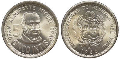 Перу 5 инти 1986 Мигель Грау KM 300 медно-никель UNC 4605-324