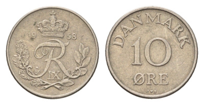 Дания 10 эре 1958 С; S, Фредерик IX (1947-1972) KM 841 медно-никель 4684-622