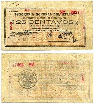 Мексика 25 сентаво 1913 10 декабря 1913, Tesorerнa General del Estado, серия ВВ Pick S 551e бумага 8603-1-2-1