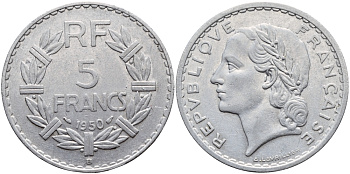 ФРАНЦИЯ 5 ФРАНКОВ 1950 B KM 888b.2 алюминий 74-425